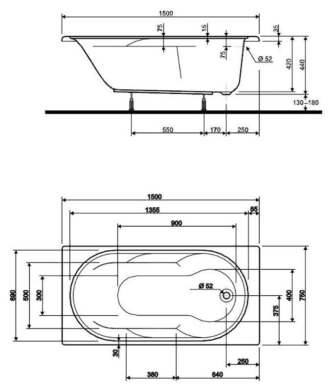 Ванна акриловая Kolo Laguna 150x75 см с ножками XWP0350000 фото