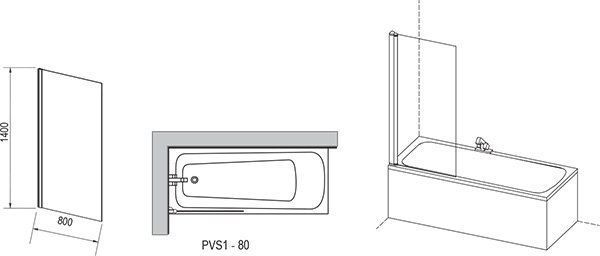 Штора неподвижная для ванны Ravak PVS1-80 Черный TRANSPARENT 79840300Z1 фото